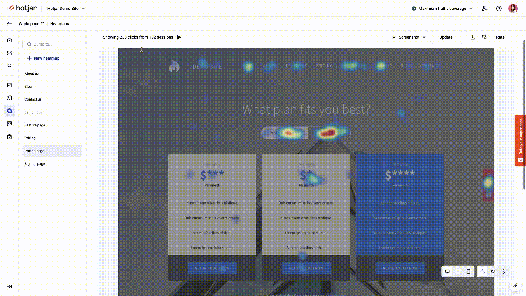 #A Hotjar click map that shows the number and percentage of user clicks on call-to-action buttons and other elements