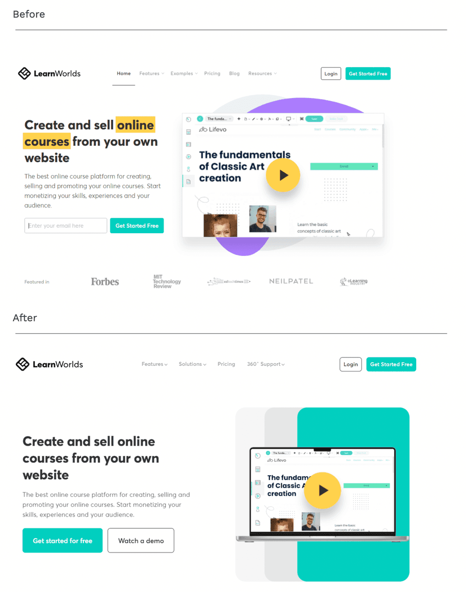 #The hero section of LearnWorlds’ homepage before and after the redesign