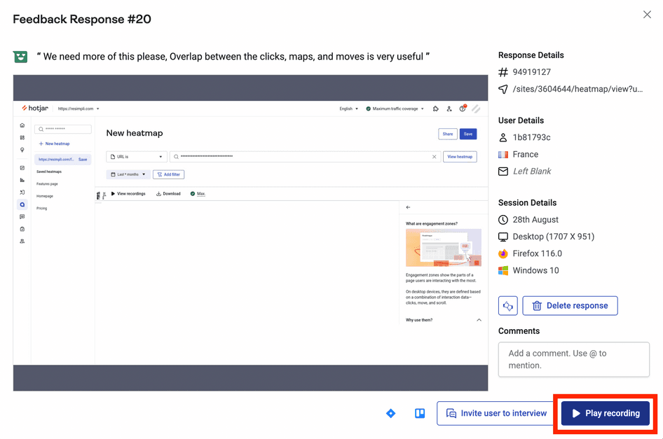 #By clicking the ‘Play recording’ button, Andy and his team could view session recordings of specific users who provided feedback