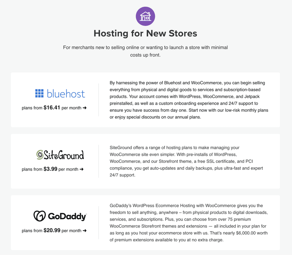 #WooCommerce hosting options and pricing (Source: WooCommerce)