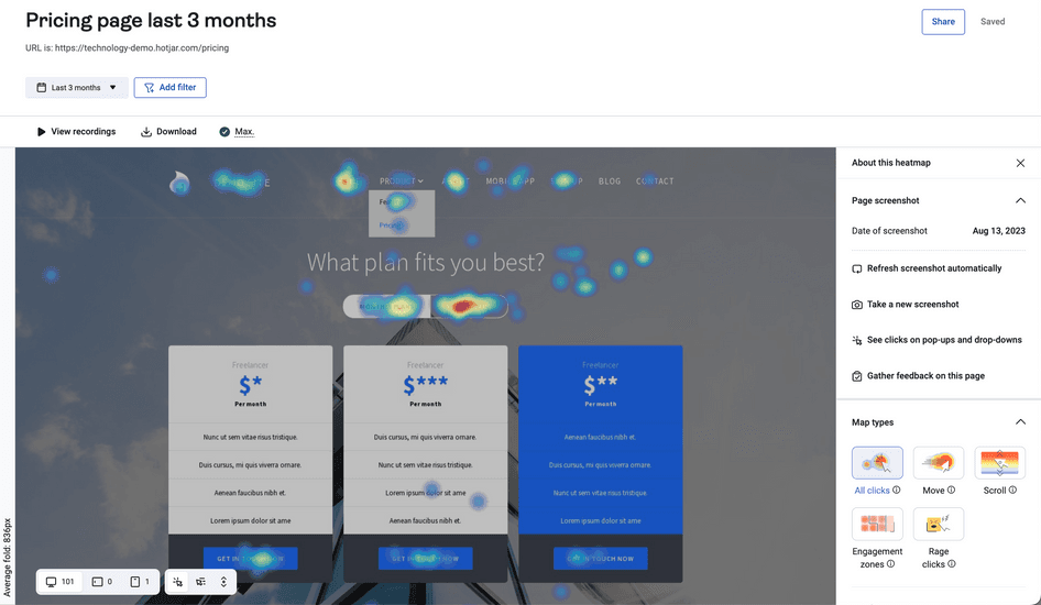 <#You can view heatmaps by device (desktop, tablet, or mobile) and heatmap type (click/tap, scroll, move, rage click, and Engagement Zone).