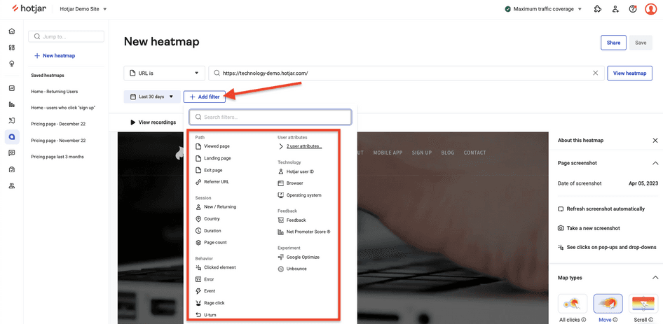 #Hotjar’s heatmap filters